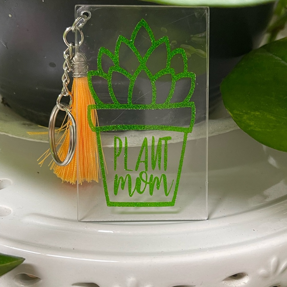 Green Plant Mom acrylic Keychain with Tassel